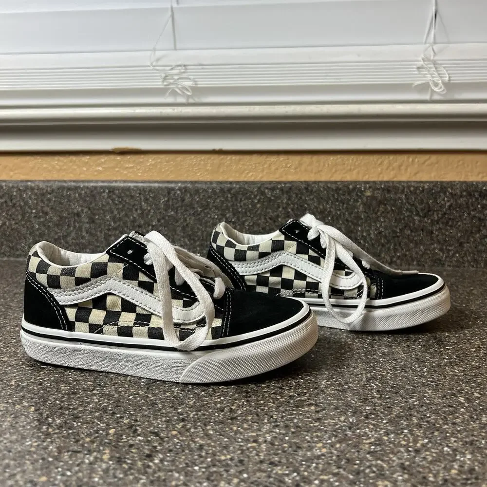 Vans Classic Little Kids Sz 12 Sneaker Shoe Lace Up Low Black Check Suede/Canvas